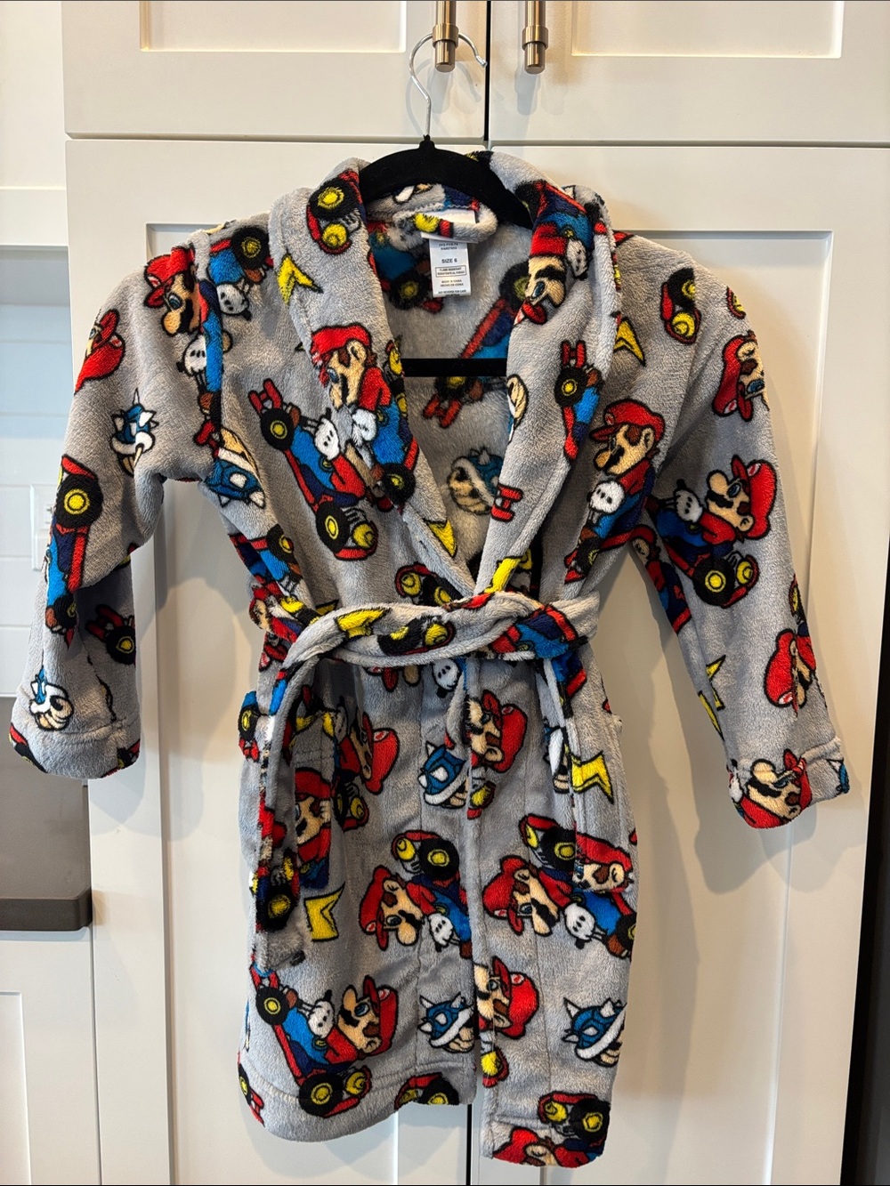 Kids Hooded Fleece Robe with Superhero Kart Print - Gray, Red & Blue